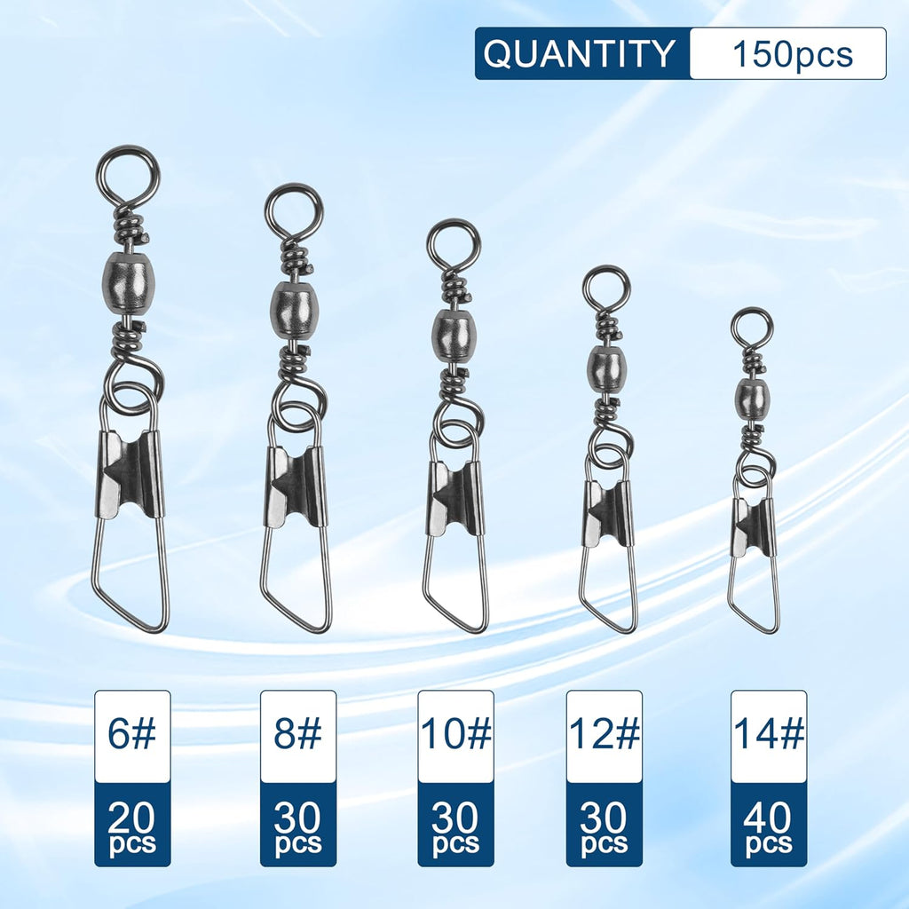 150pcs Fishing Swivels Snaps Kit, Barrel Swivels Fishing Tackle with Stainless Steel Safety Snaps, High Strength Fish Leader Line Connect for Saltwater Freshwater