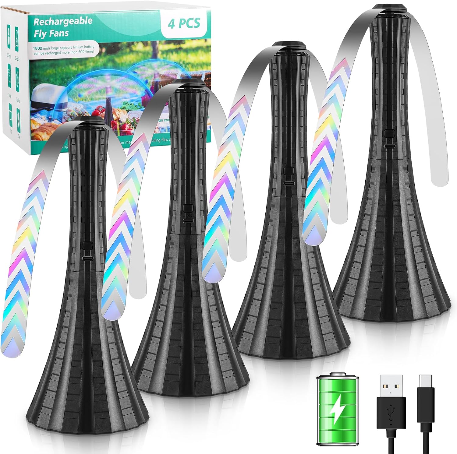 Fly Fans for Tables Rechargeable, Flies Fan to Keep Flies Away by Soft Blades, Food Fans for Camping, Picnic, Fishing, 4PCS, Black，Party Essentials Picnic Accessories for Outside, 2000mah