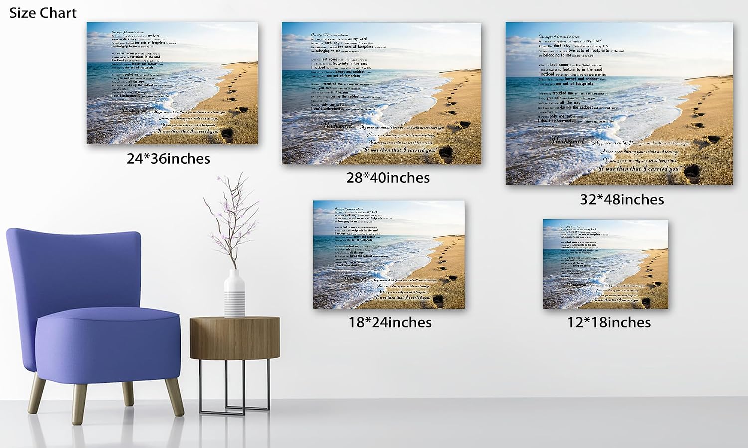 Footprints in the Sand Canvas Prints Wall Art, Footprints in the Sand Wall Art Decor, Inspirational Christian Poem Wall Poster Gift, Beach Picture Wall Art for Living Room Beach Office 18"Hx24"WInches