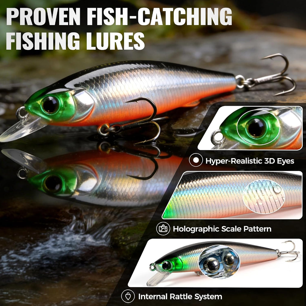 PLUSINNO Fishing Lures, All-in-One Fishing Tackle Box with Tackle Included, Fishing Gear Lure Bait Accessories Kit for Freshwater Bass Trout, Ideal Fishing Gifts for Men, Father & Beginners