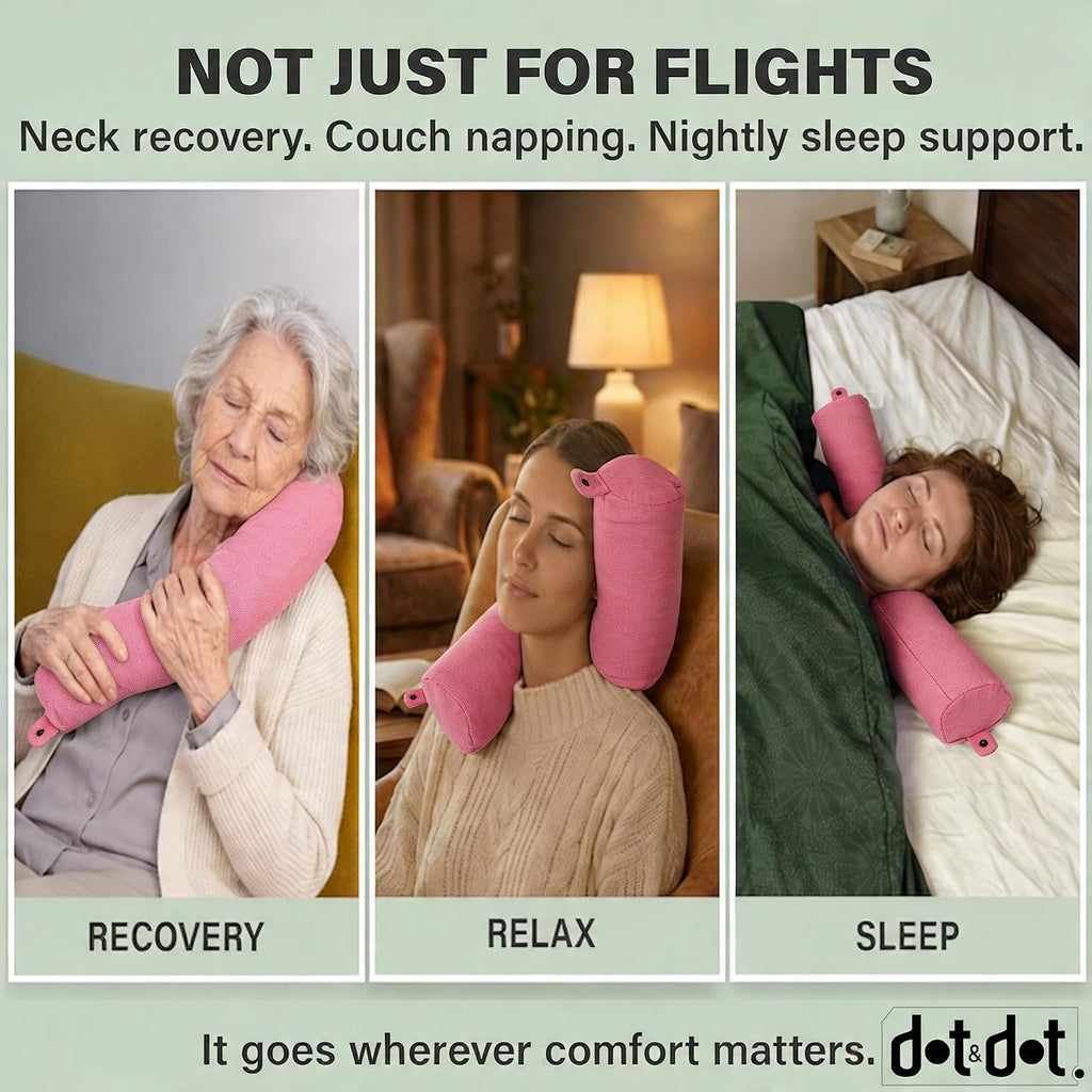 Dot&Dot Twist Memory Foam Travel Pillow, Bendable Neck Pillow for Airplane, Car and Home, 26-Inch Adjustable Roll with Washable Cotton Cover, Pink