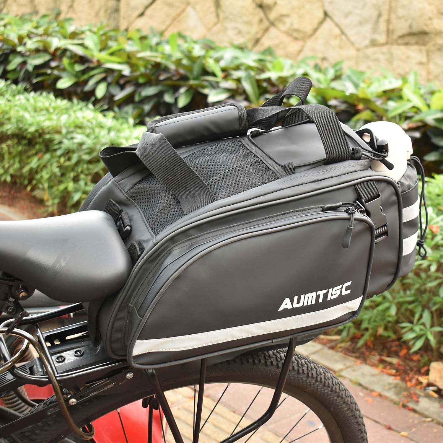 AUMTISC Rear Rack Bag, 14L Waterproof Bike Bags for Bicycles Rear Rack, Ebike Trunk Panniers Bag with Rain Cover, Cycling Seat Cargo Rack Bag with Reflective Strip for Commuter Travel Outdoor