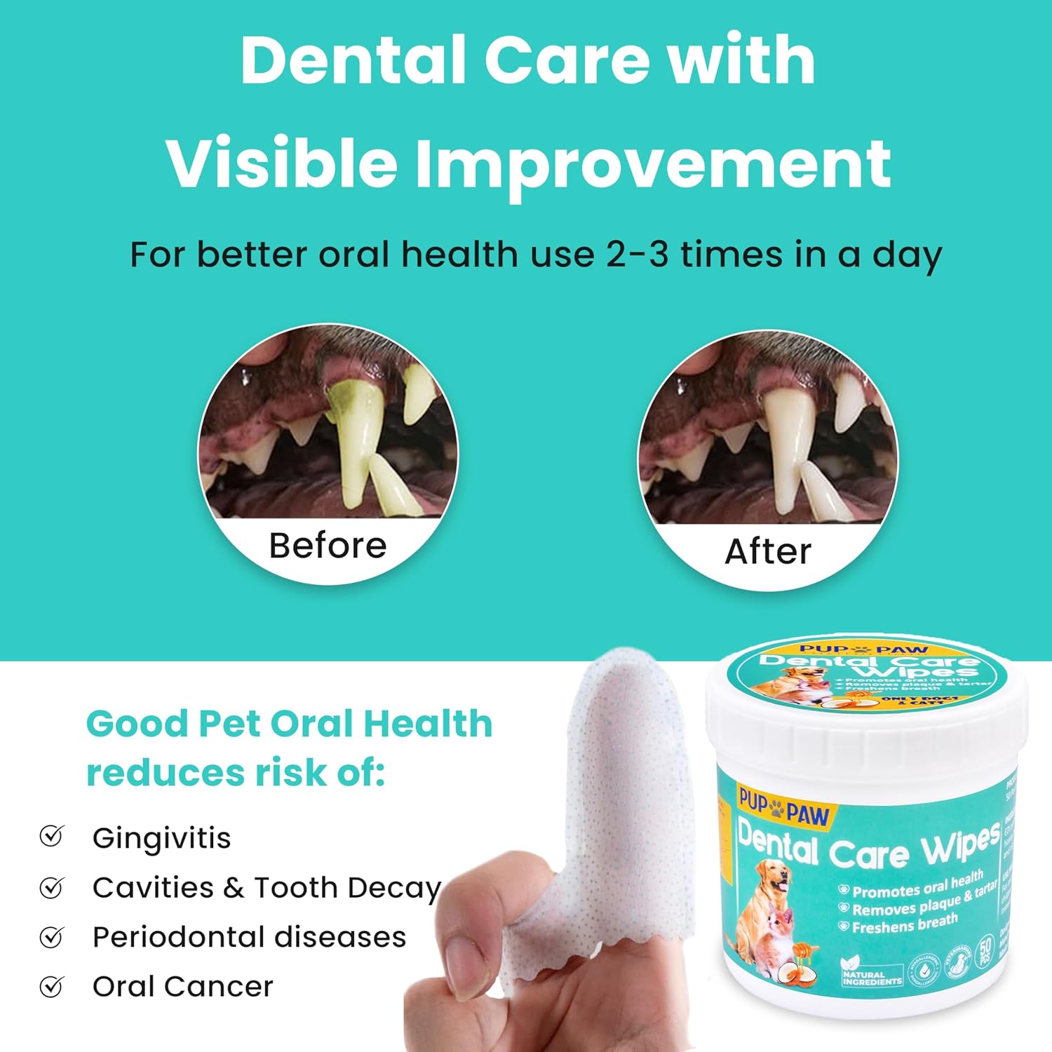 Vet Recommended Dog & Cat Dental Wipes - Freshens Breath - Easy Daily Oral Care - Dog Tooth Brushing Kit - Dental Finger Wipes for Pets - 50 Count
