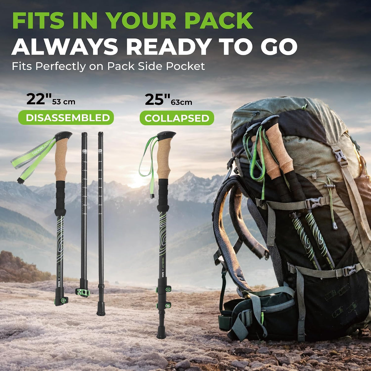 Trekology 3K Carbon Fiber Trekking Poles (210g) - Pair of Ultralight Hiking Poles with Cork Grips, Collapsible Telescopic Walking Sticks, Metal Flip-Locks & 10pc All-Terrain Accessory Kit
