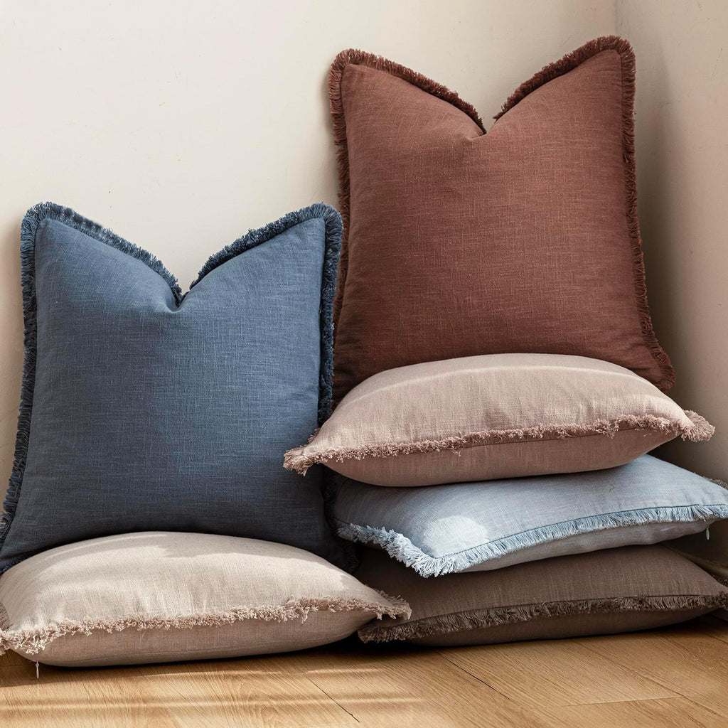 Foindtower Decorative Linen Fringe Throw Pillow Covers 20×20 Inch,Rust Red