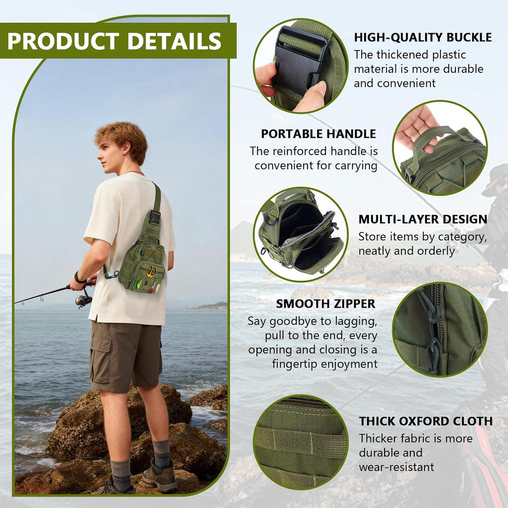 Fishing Backpack Small Fishing Tackle Storage Bag with 3 Methods of Carrying Large Capacity Sling Backpack for Outdoor Hiking Travel Hunting (Army Green)