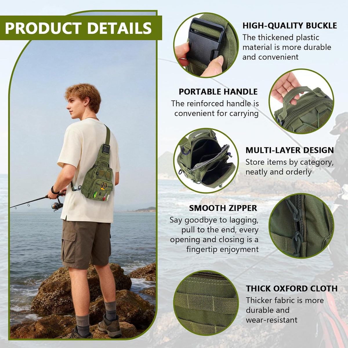 Fishing Backpack Small Fishing Tackle Storage Bag with 3 Methods of Carrying Large Capacity Sling Backpack for Outdoor Hiking Travel Hunting (Army Green)