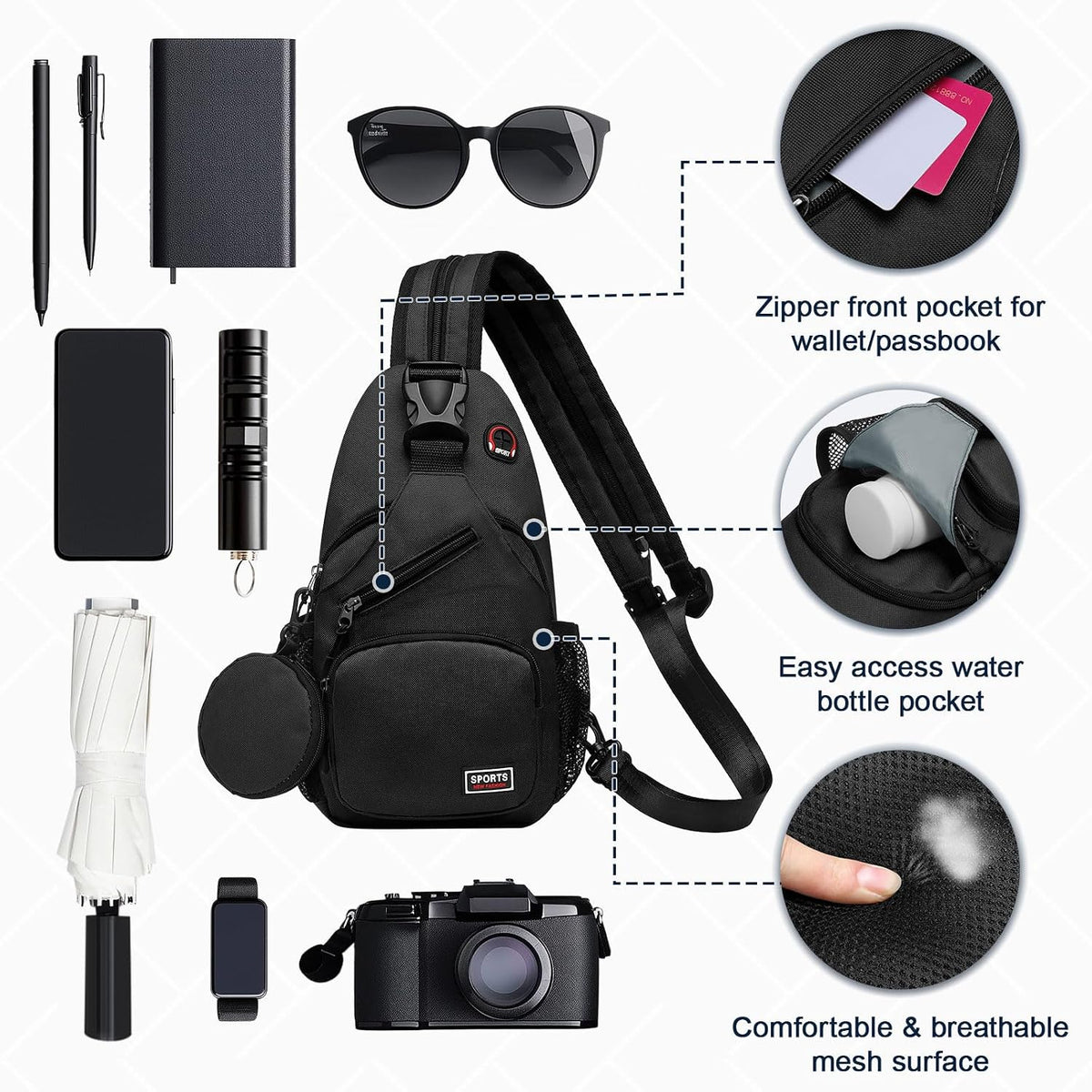 Small Sling Bag with Coin Pocket Fits for 7.9" Tablet, Black