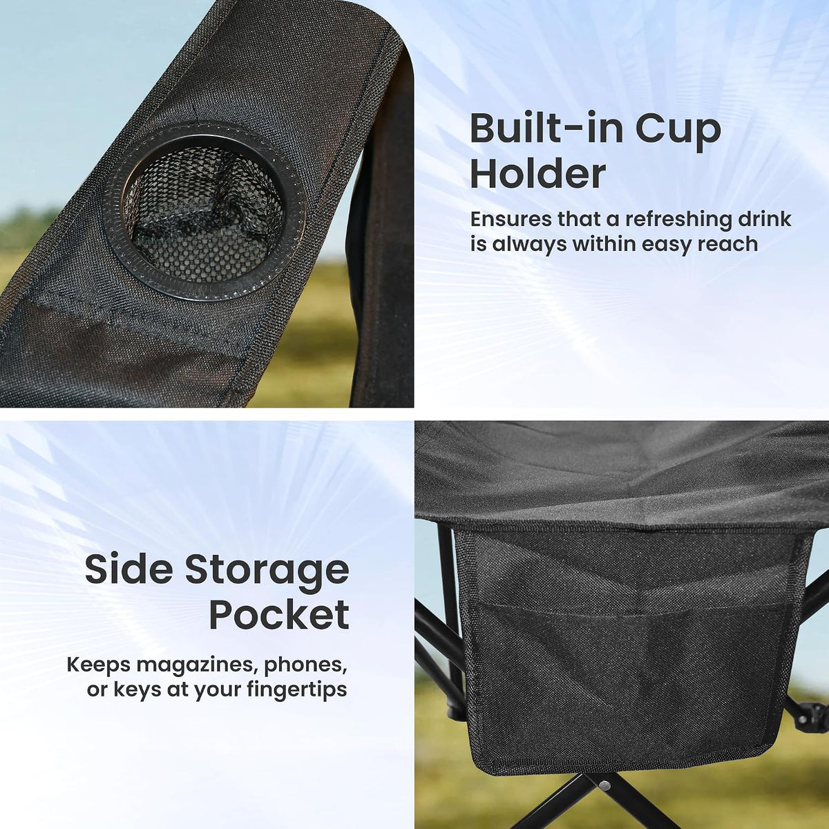 Camping Chairs for Adults 2 Pack, 300LBS Heavy Duty Reinforced Steel Portable Folding Chairs, Ergonomic High Back Outdoor Chair with Cup Holder & Side Pocket, Lightweight Set for Beach Picnic, Black