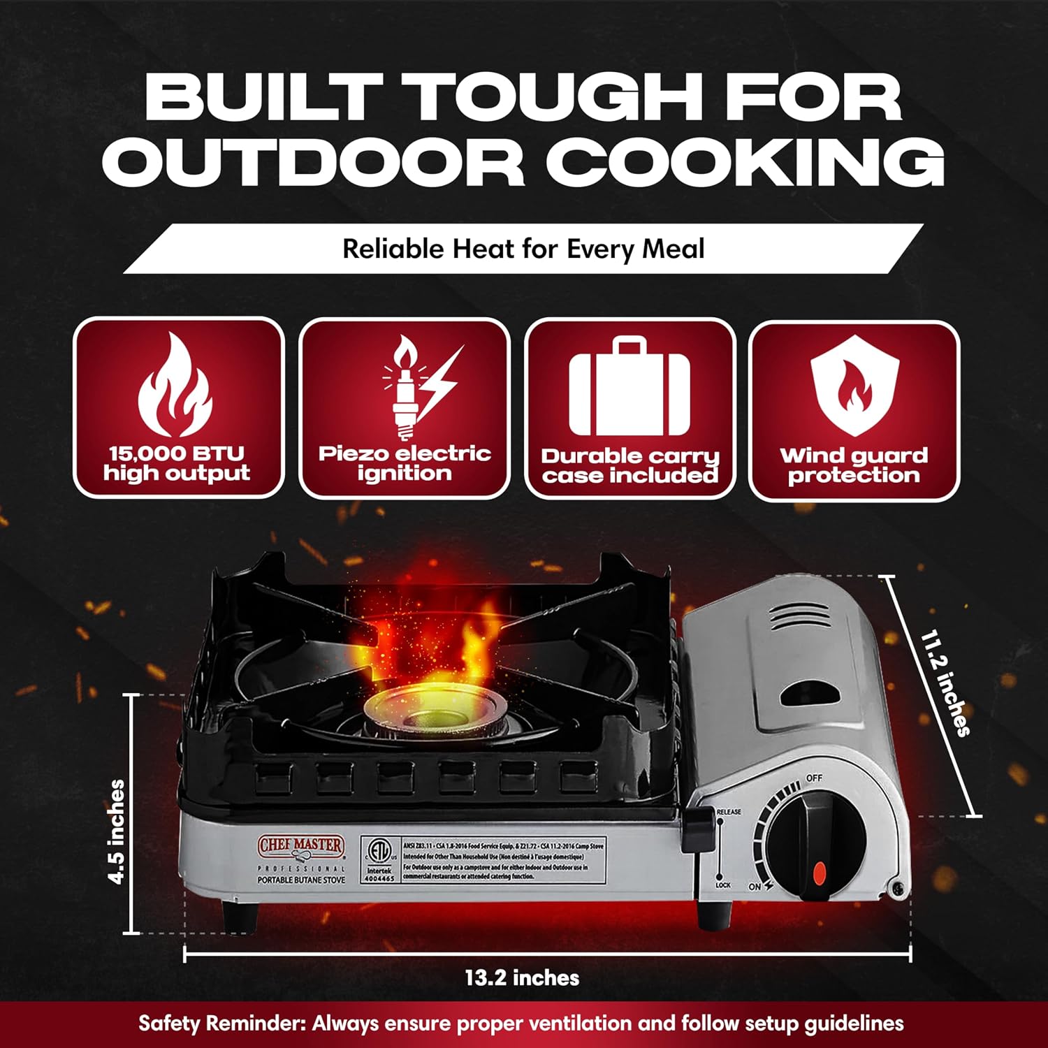 Chef Master Butane Camping Stove + 4x 8 oz Fuel, Backpacking, 15,000 BTU