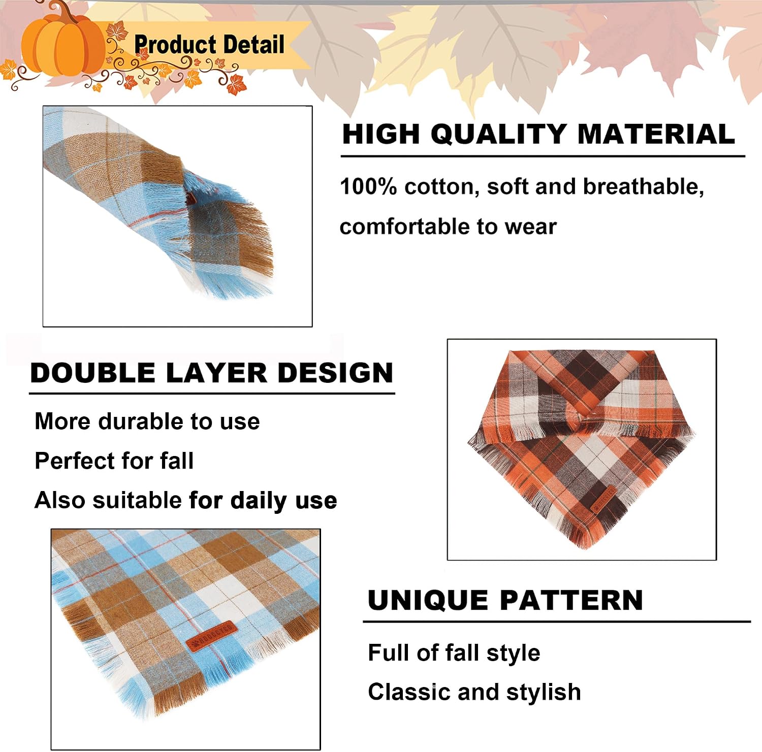 ADOGGYGO Fall Dog Bandana with Tassels Edges, Plaid Thanksgiving Scarf, S