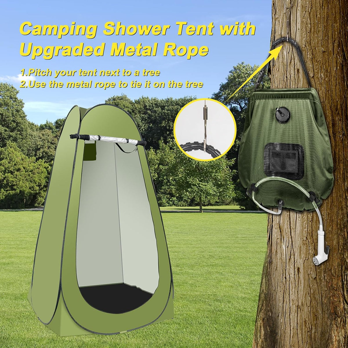 Portable Camping Shower Tent,Shower Tent Kit, Outdoor Pop Up Privacy Tent,Changing Tent with 5 Gallon Shower Bag-(Nozzle Upgraded)