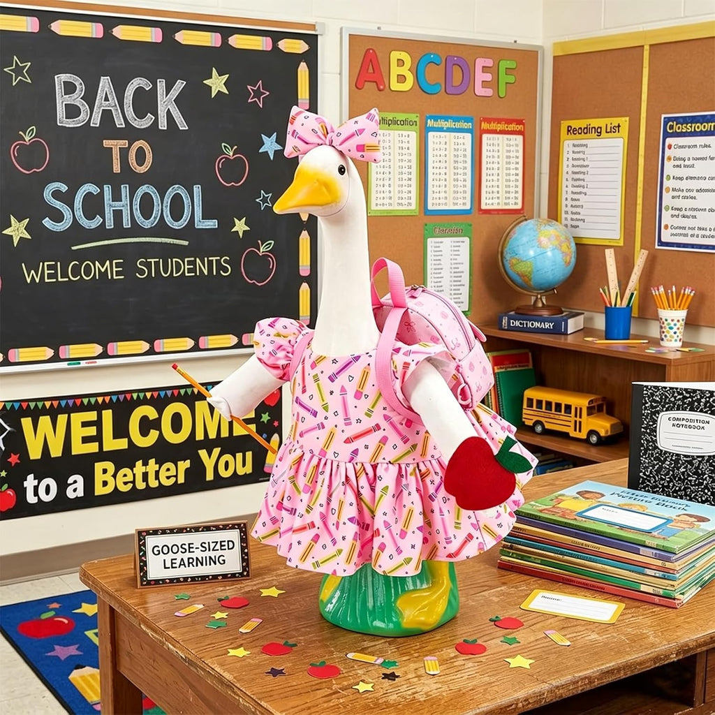 Back to School Porch Goose Outfit Set for 23'' Plastic Statue, Lawn Porch Goose Clothes with Apple for School Outdoor Garden Yard Patio Decor(Back to School)