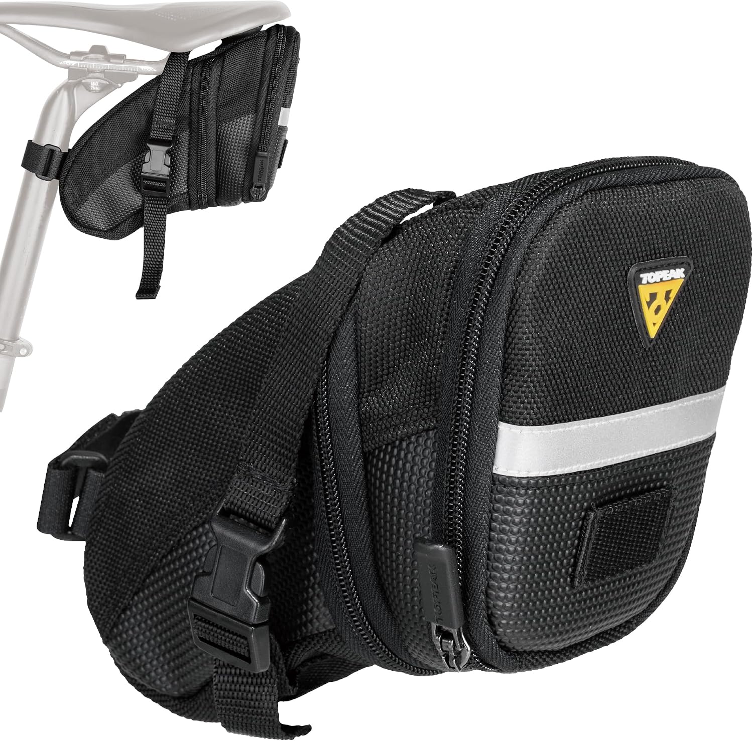 Topeak Aero Wedge Pack (Strap Mount, Medium) – Aerodynamic Seat Bag for Bikes, 1200D Polyester Construction, Quick-Release Buckle Mount, Expandable Storage, 3M Reflective Strip & Safety Light Clip