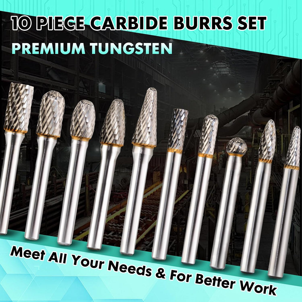 10 PCS 1/4" Shank Tungsten Carbide Burr Set Double Cut for Metal Grinding, Deburring Die Grinder Bits Fit Dewalt Milwaukee Die Grinders Accessories 1PC Mandrel & 5PC 3inch Cut Off Wheel