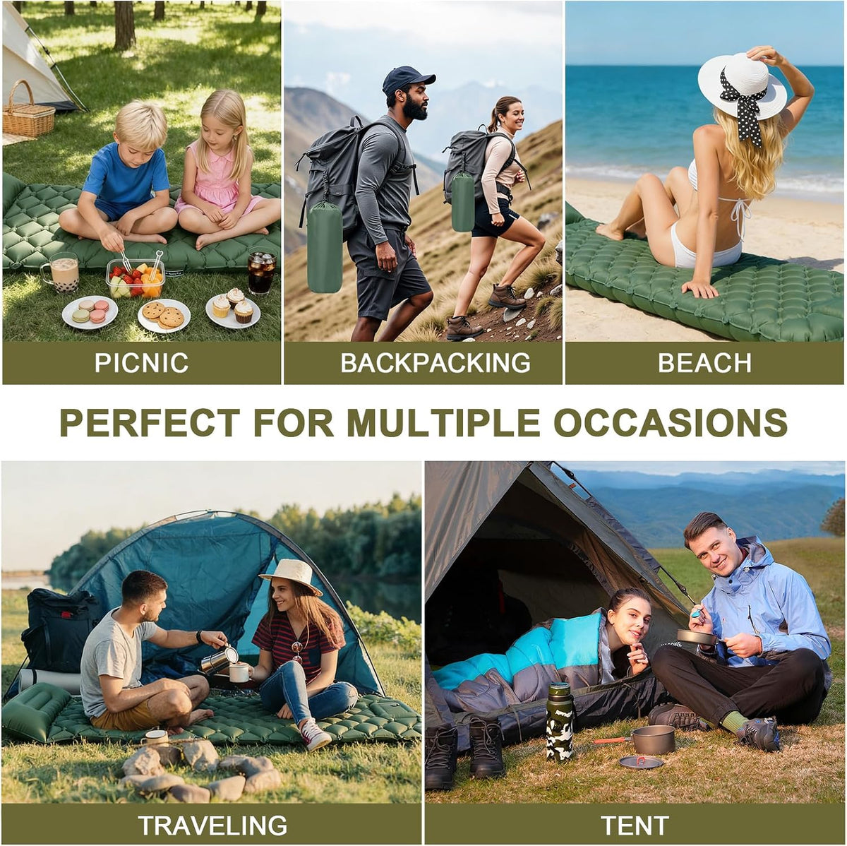 Self Inflating Sleeping Pad for Camping with Seat Cushion, Single, Green