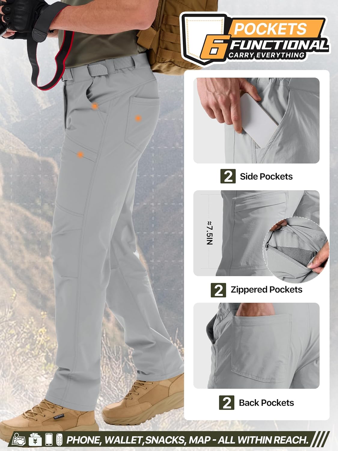 FREE SOLDIER Men's Outdoor Cargo Hiking Pants with Belt