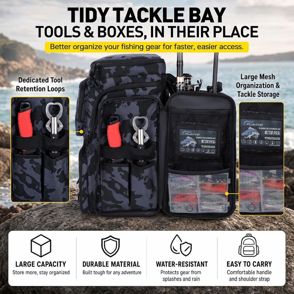 PLUSINNO Fishing Tackle Backpack with Rod Holders，42L Water-resistant Fishing Bag Store Fishing Gear, Fisher Gifts For Men.