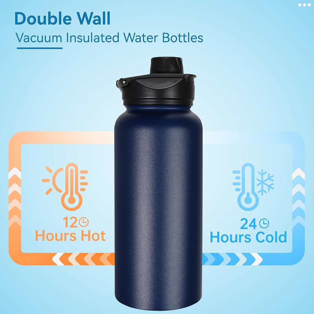 VEGOND 32 oz Insulated Water Bottle Stainless Steel Metal Water Bottles with Leak Proof Straw Lid & Spout Lid, Wide Mouth Double Walled Vacuum Travel Sports Bottle, Navy Blue