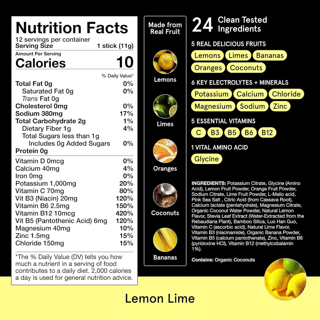 DryWater Electrolytes + Vitamins Hydration Packets, Lemon Lime 12 Pack