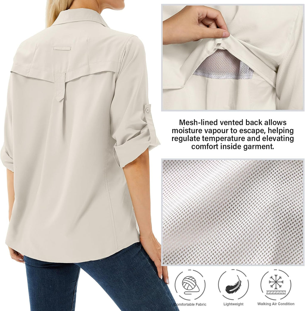 Women's UPF 50 Long Sleeve Sun Protection Safari Fish Hiking Shirts