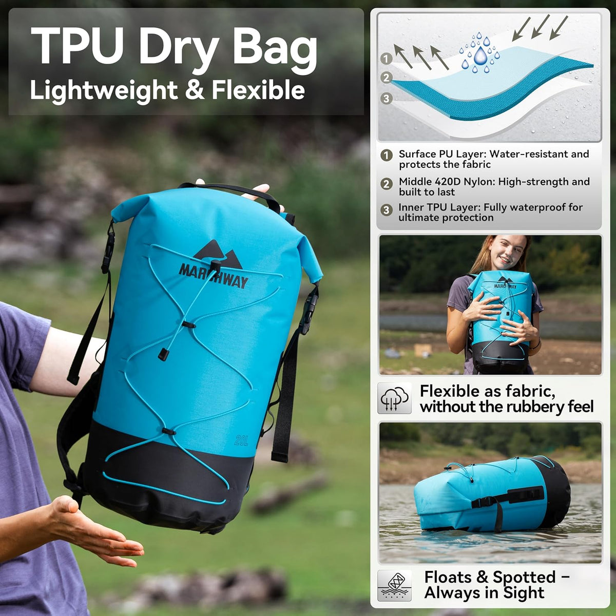 MARCHWAY Floating Roll Top Dry Bag, Flexible Lightweight TPU-coated Nylon Waterproof Backpack 20L/30L/40L with Padded Straps for Boating, Kayaking, Swimming, Hiking, Beach (Blue, 30L)
