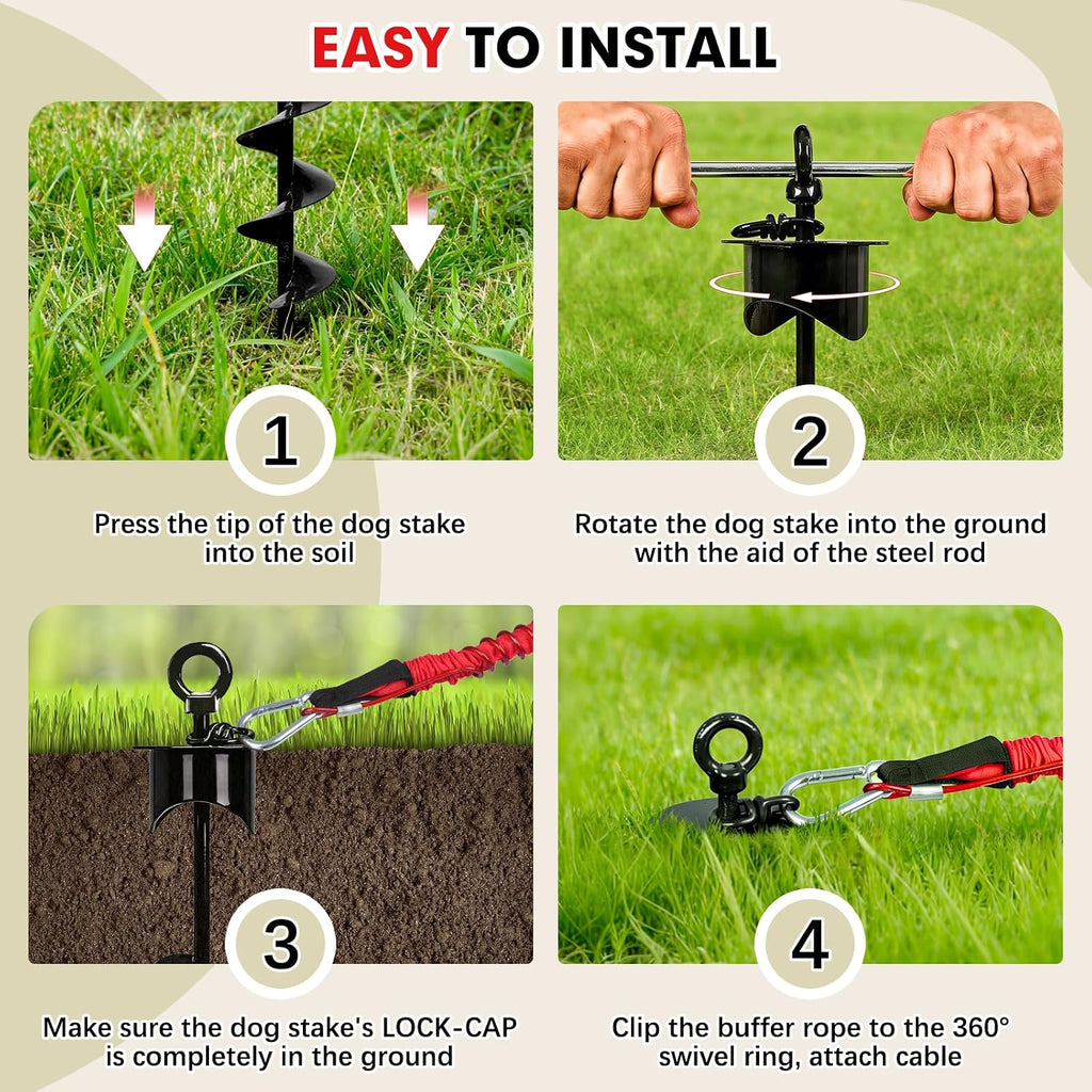 Snagle Paw Dog Tie Out Stake with Lock-Cap,Heavy Duty Dog Stakes for Outside/Yard/Camping with Shock Absorbing Bungee Tether,360°Swivel Rust Proof Ground Anchor for Dog Cable,Leash,Chain,up to 360 Lbs