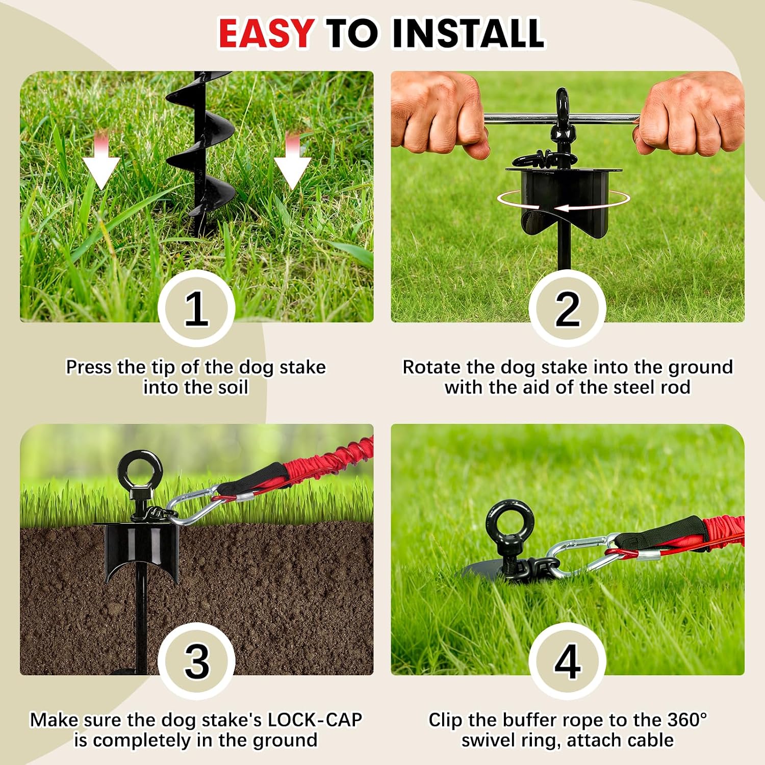 Snagle Paw Dog Tie Out Stake with Lock-Cap,Heavy Duty Dog Stakes for Outside/Yard/Camping with Shock Absorbing Bungee Tether,360°Swivel Rust Proof Ground Anchor for Dog Cable,Leash,Chain,up to 360 Lbs