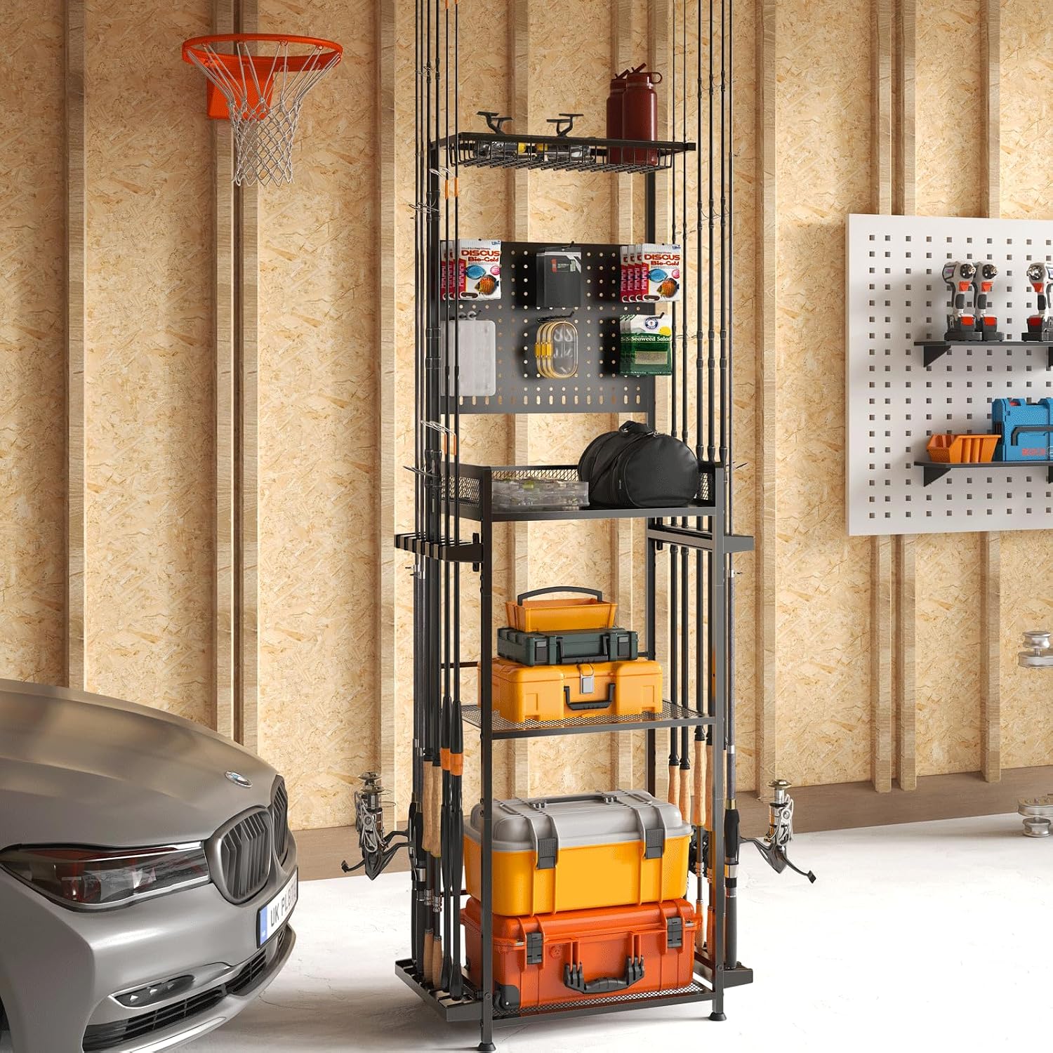 SOYEEZE Fishing Rod Holders for Garage,Fishing Gear Holder for Fishing Rod Tackle Box Storage，Fishing Pole Holders for 12 Rods with Hooks and Pegboard,Fishing Cart with Reel Rack, Large Size
