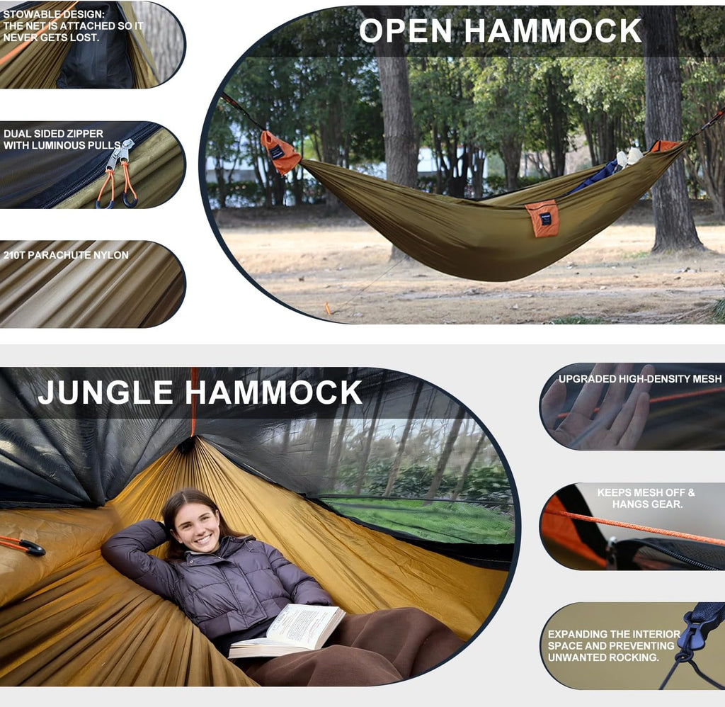 Camping Hammock with Integrated Mosquito Net, Ultralight Backpacking Hammock with Tree Straps & End-Aligned Stuff Sack, 210T Parachute Nylon Single Outdoor Portable Hammock-Olive Green & Orange