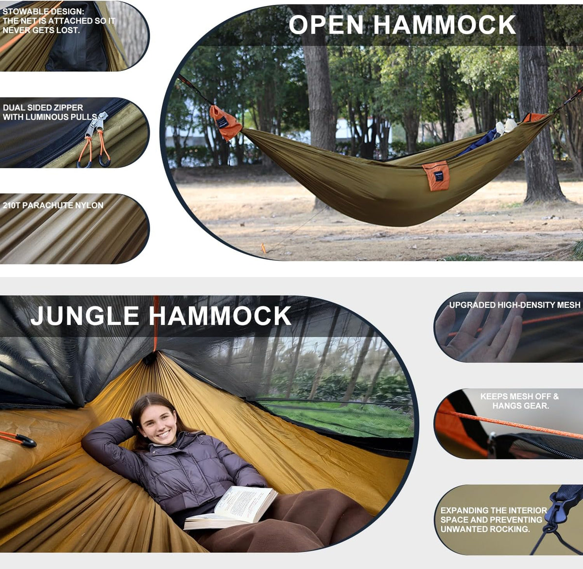 Camping Hammock with Integrated Mosquito Net, Ultralight Backpacking Hammock with Tree Straps & End-Aligned Stuff Sack, 210T Parachute Nylon Single Outdoor Portable Hammock-Olive Green & Orange
