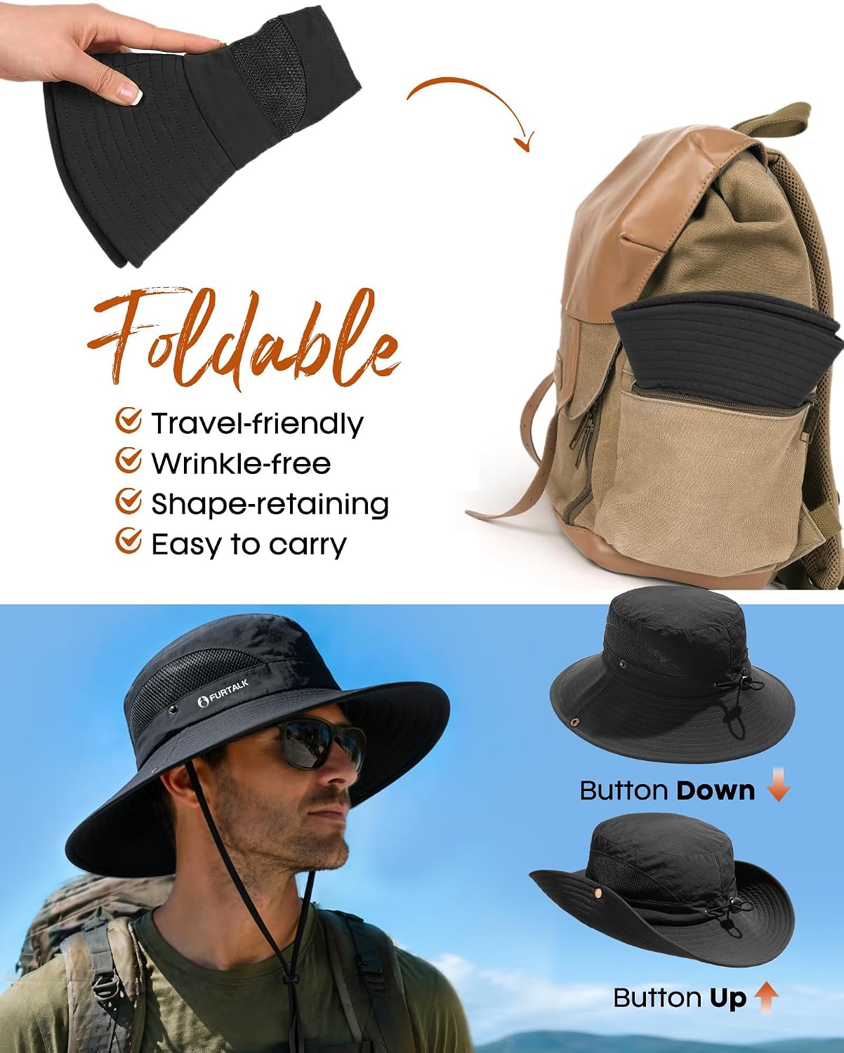 FURTALK Mens Bucket Sun Hat UPF Protection Wide Brim Breathable Fishing Hat