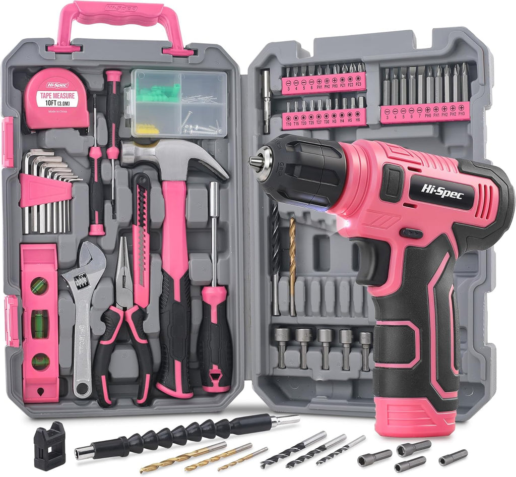 Hi-Spec Tool Set with 8V Drill Set Home DIY Repair & Maintenance, Pink
