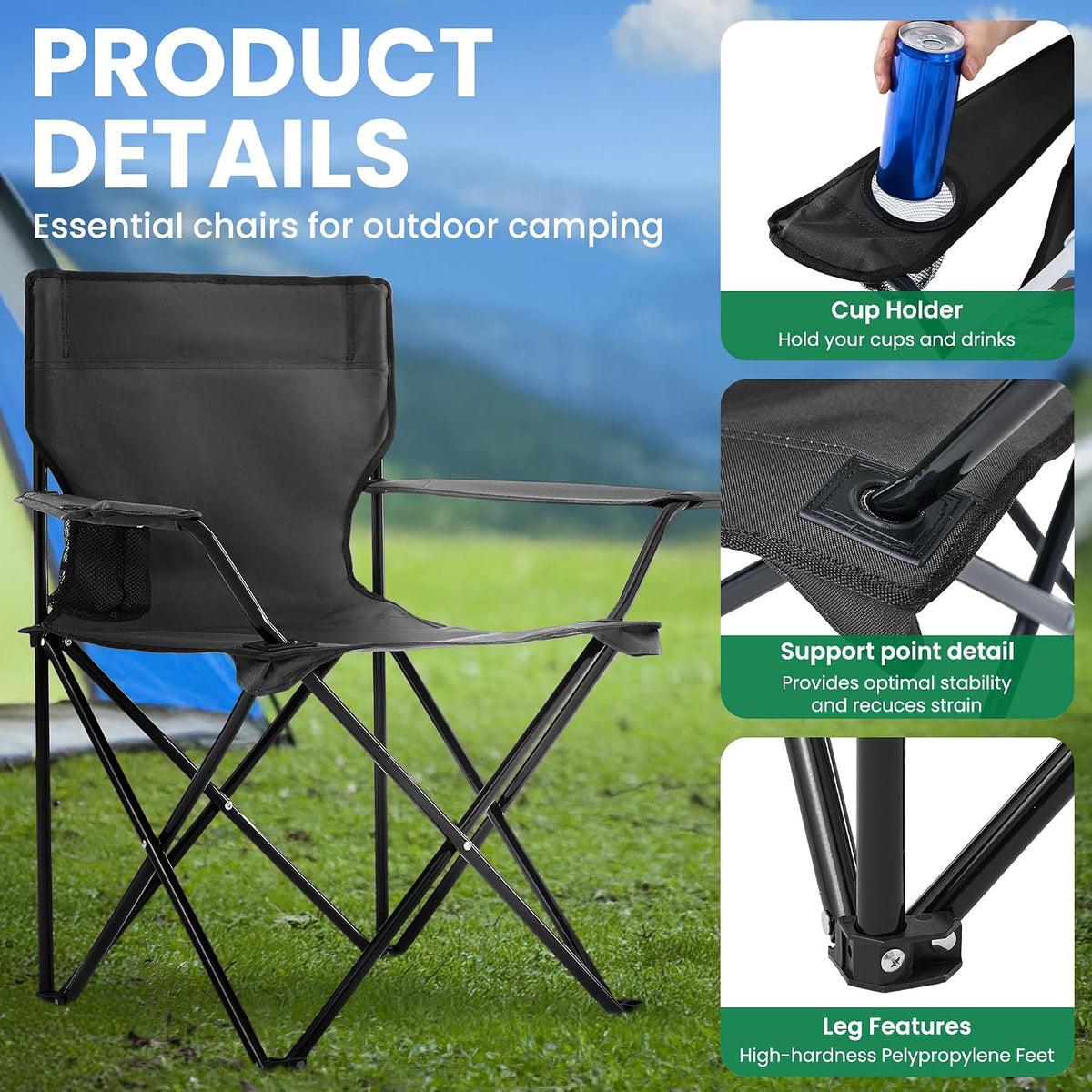 4 Pack Folding Camping Chairs for Adults, Foldable Portable Lawn Chairs with Carry Bag & Cup Holder, Compact Design for Camp,Beach, Picnics,and Fishing Supports 300LBS（Black）