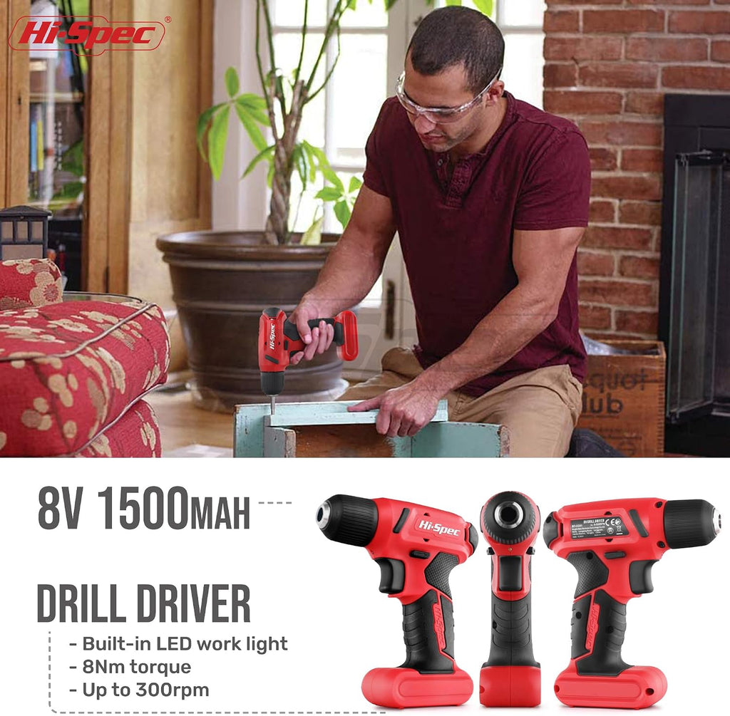 Hi-Spec 8V USB Cordless Drill Driver Home Tool Kit for Home DIY, Red