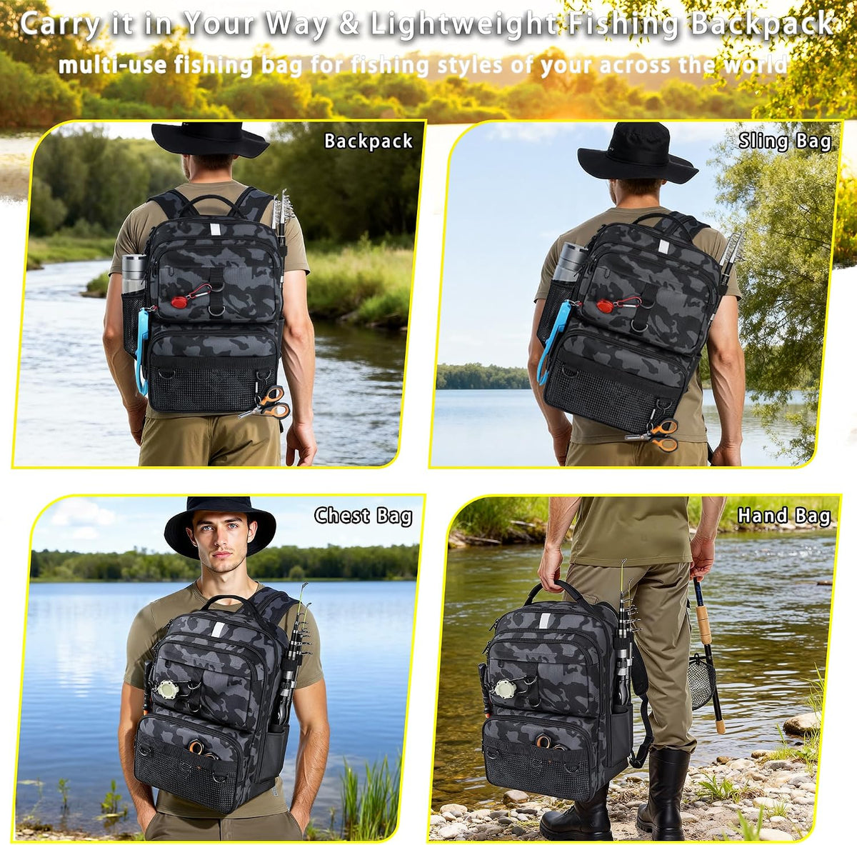 Fishing Backpack with Tackle Boxes and Rod Holder, Fish Lure Kit and Tool