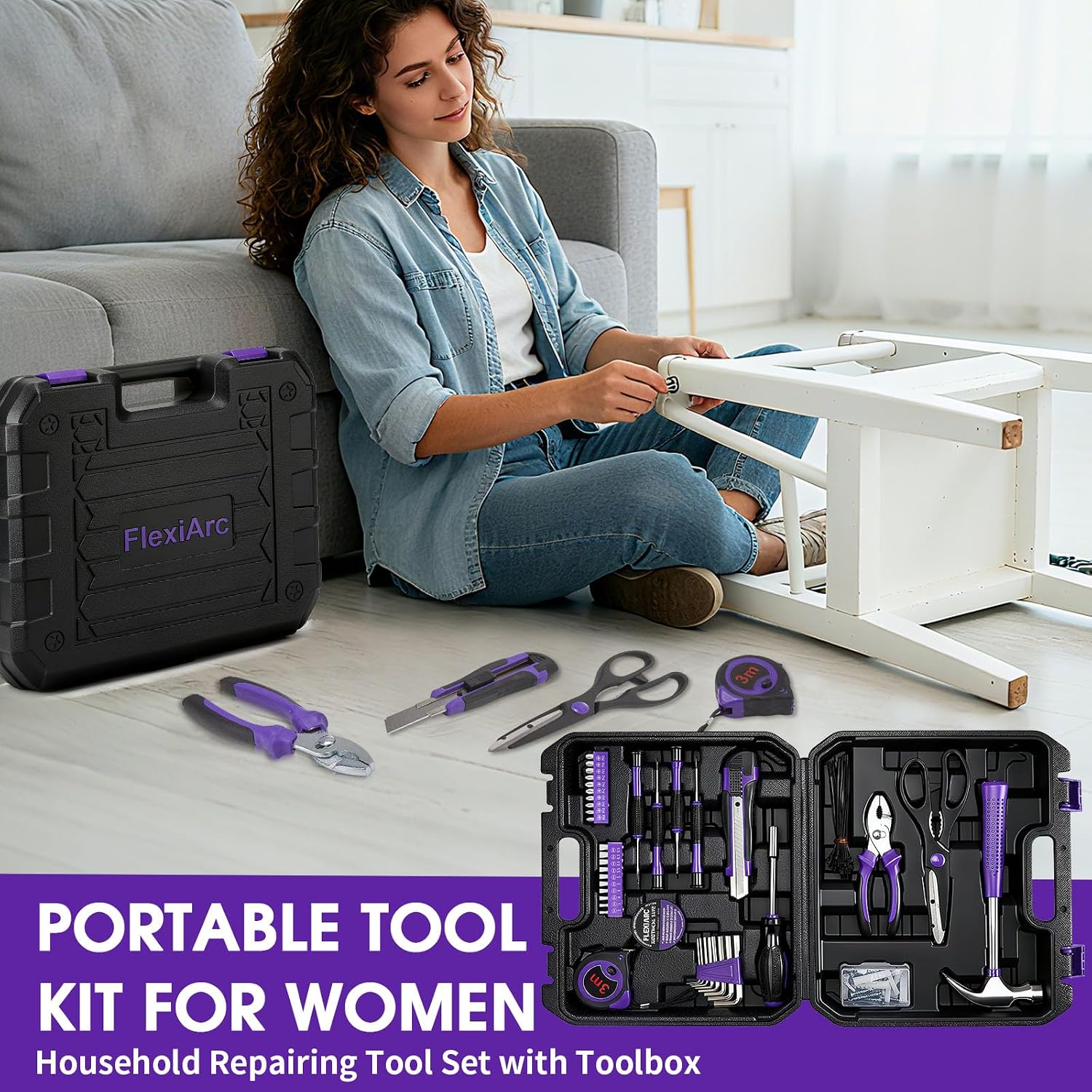 General Household Tool Set - Purple Hand Tool Kit with Waist Pouch & Gloves, Tool Kit for Women Everyday Home Repairs, DIY and Crafts, 112 pcs