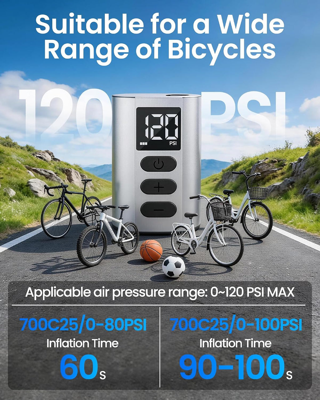 Electric Bike Pump, 120 PSI, with Presta & Schrader Valve