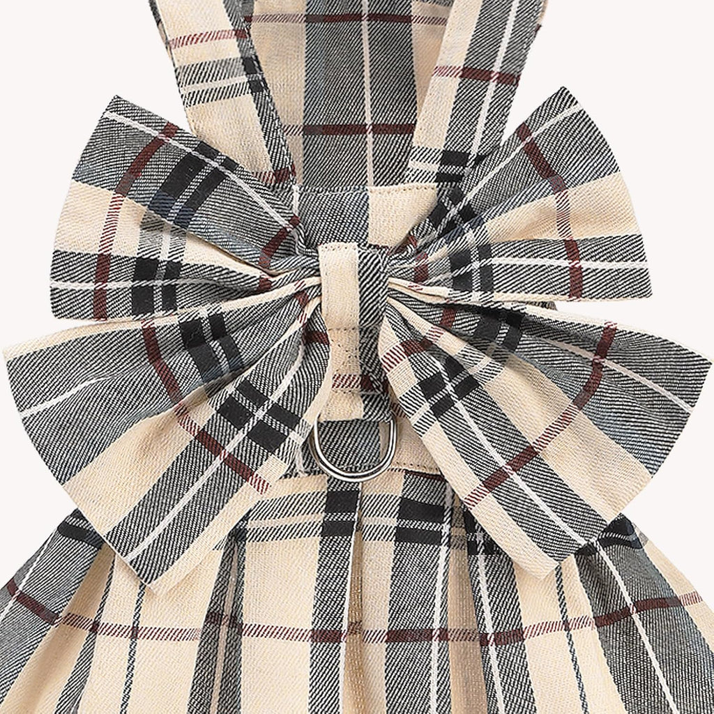 PUPTECK Classic Plaid Dog Dress with Bowknot Harness and Leash Set S