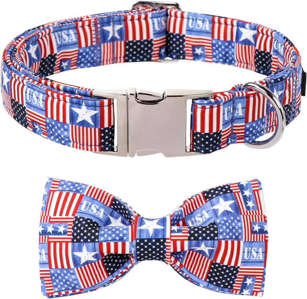 Lionet Paws Boy Dog Collar with Bowtie, Comfortable Adjustable Cute Blue Plaid Bow Tie Collar for Male Dogs Gift, XLarge, Neck 16-26 inches