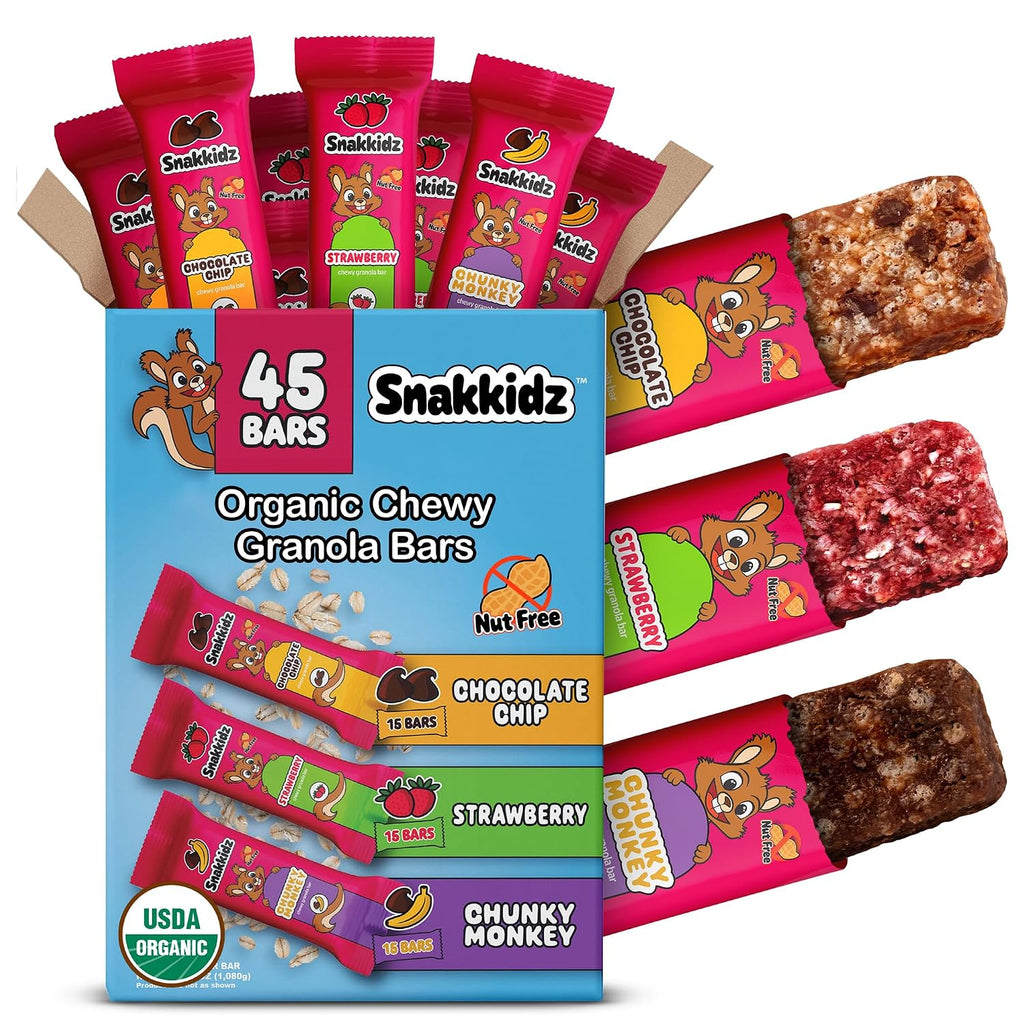 Snakkidz Organic Granola Bars, Variety Pack, Seed oil free, 45 Bars
