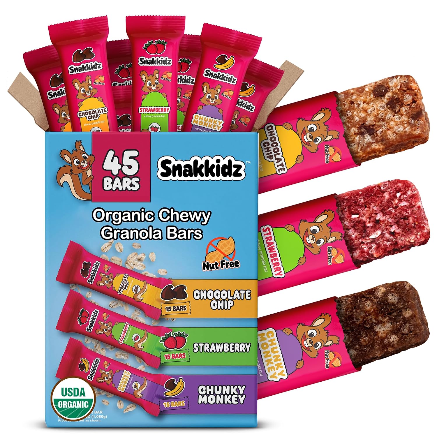 Snakkidz Organic Granola Bars, Variety Pack, Seed oil free, 45 Bars