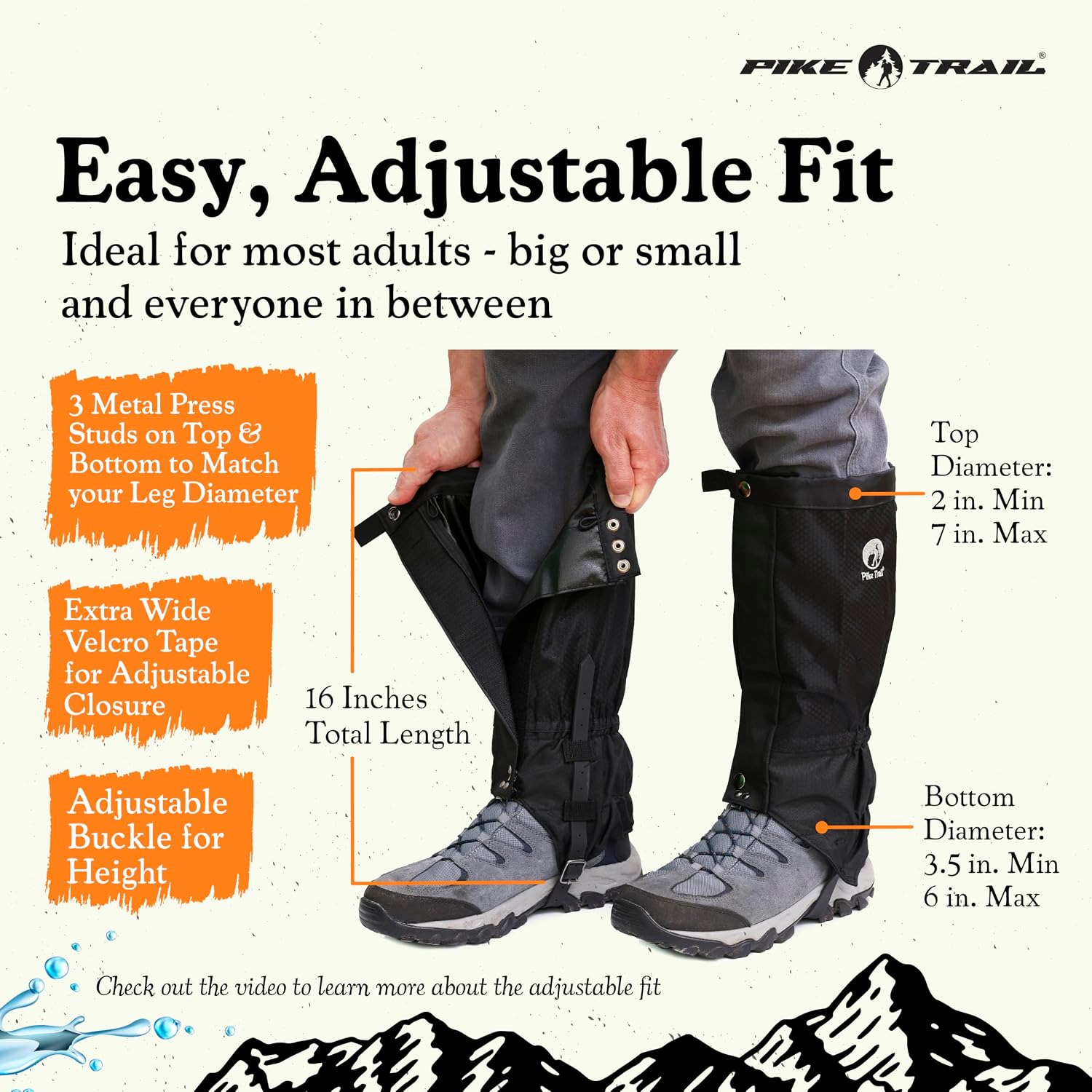 Pike Trail Adjustable Leg Gaiters - Lightweight, Waterproof - Leg Guards for Men & Women - Hiking Essentials Ideal for Hunting, Trekking & Fishing - 1 Pair