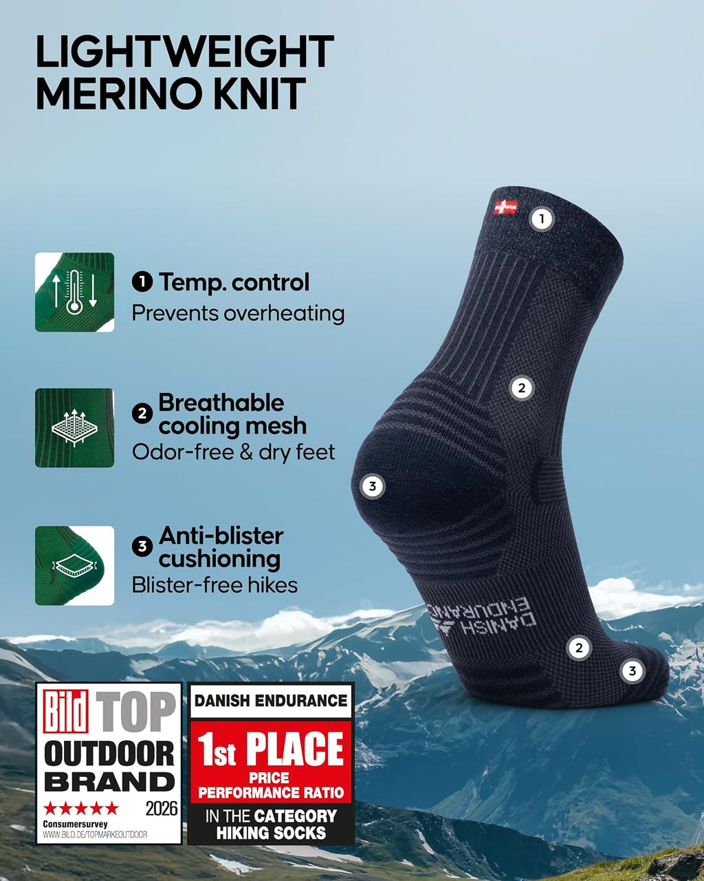 DANISH ENDURANCE Merino Wool Hiking Socks, Lightweight, 3 & 5-Pack