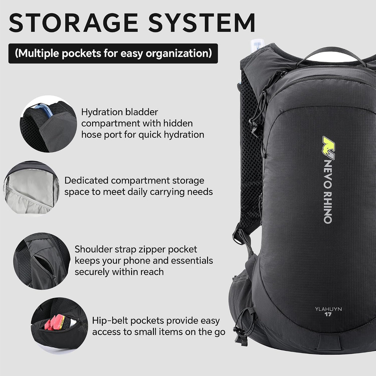 N NEVO RHINO 17L Hydration Backpack, Water Backpack with 500ml Soft Flask