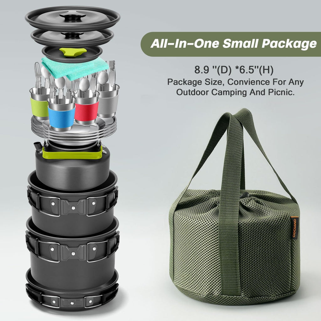 Odoland 29pcs Camping Cookware Mess Kit, Non-Stick Lightweight Pots Pan Kettle, Collapsible Water Container and Bucket, Stainless Steel Cups Plates Forks Knives Spoons for Outdoor Backpacking Picnic