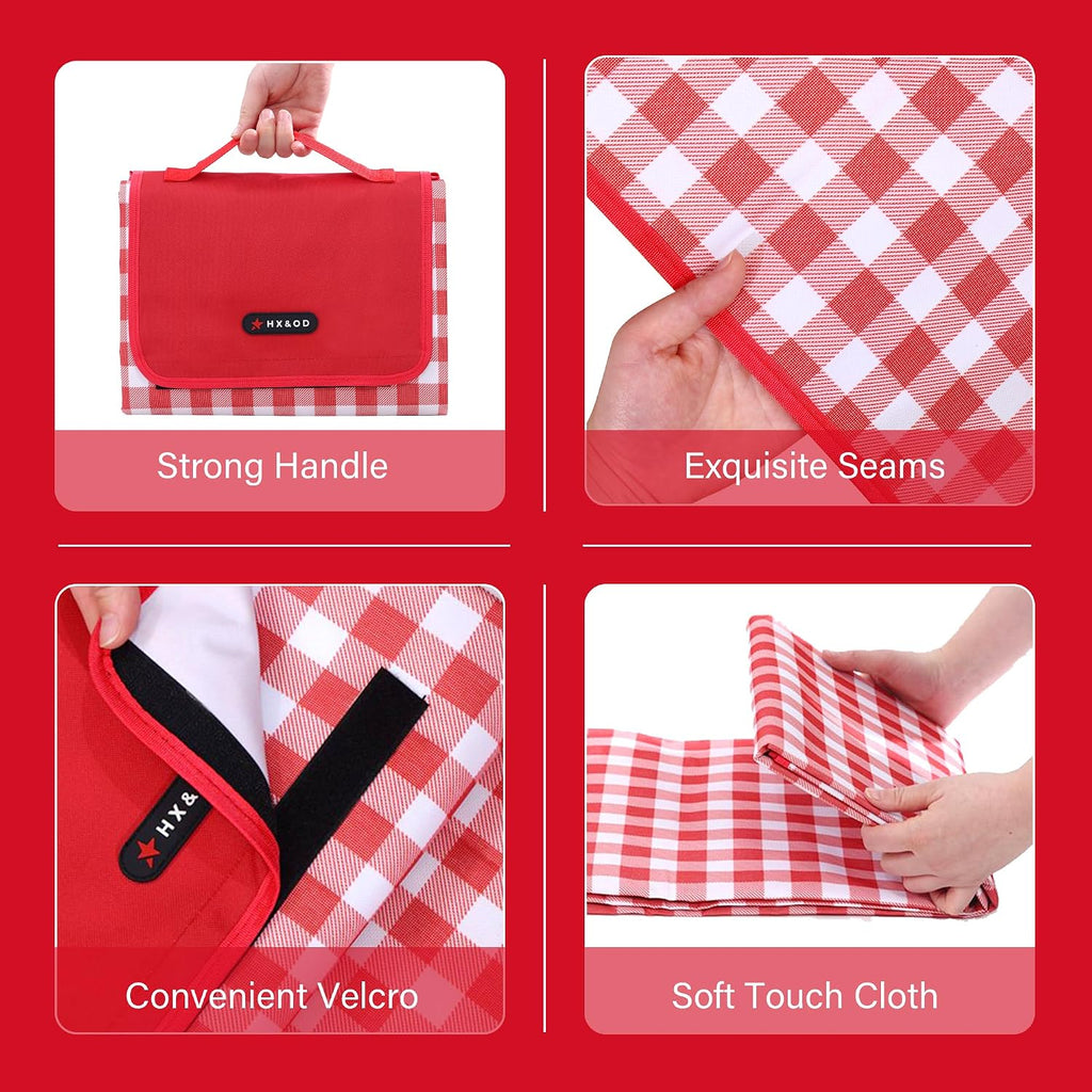 HX&OD Outdoor Picnic Blanket 80"X80" Picnic Mat Extra Large Camping Blanket Beach Blanket Foldable Waterproof Sand Mat Hiking Travel Family Concerts(Red)