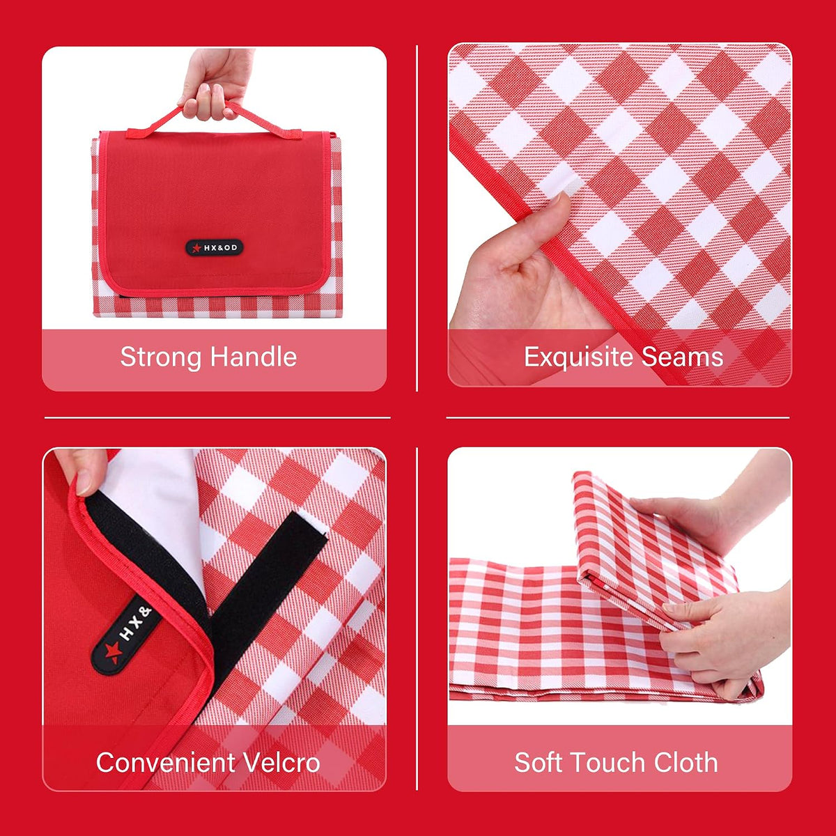 HX&OD Outdoor Picnic Blanket 80"X80" Picnic Mat Extra Large Camping Blanket Beach Blanket Foldable Waterproof Sand Mat Hiking Travel Family Concerts(Red)