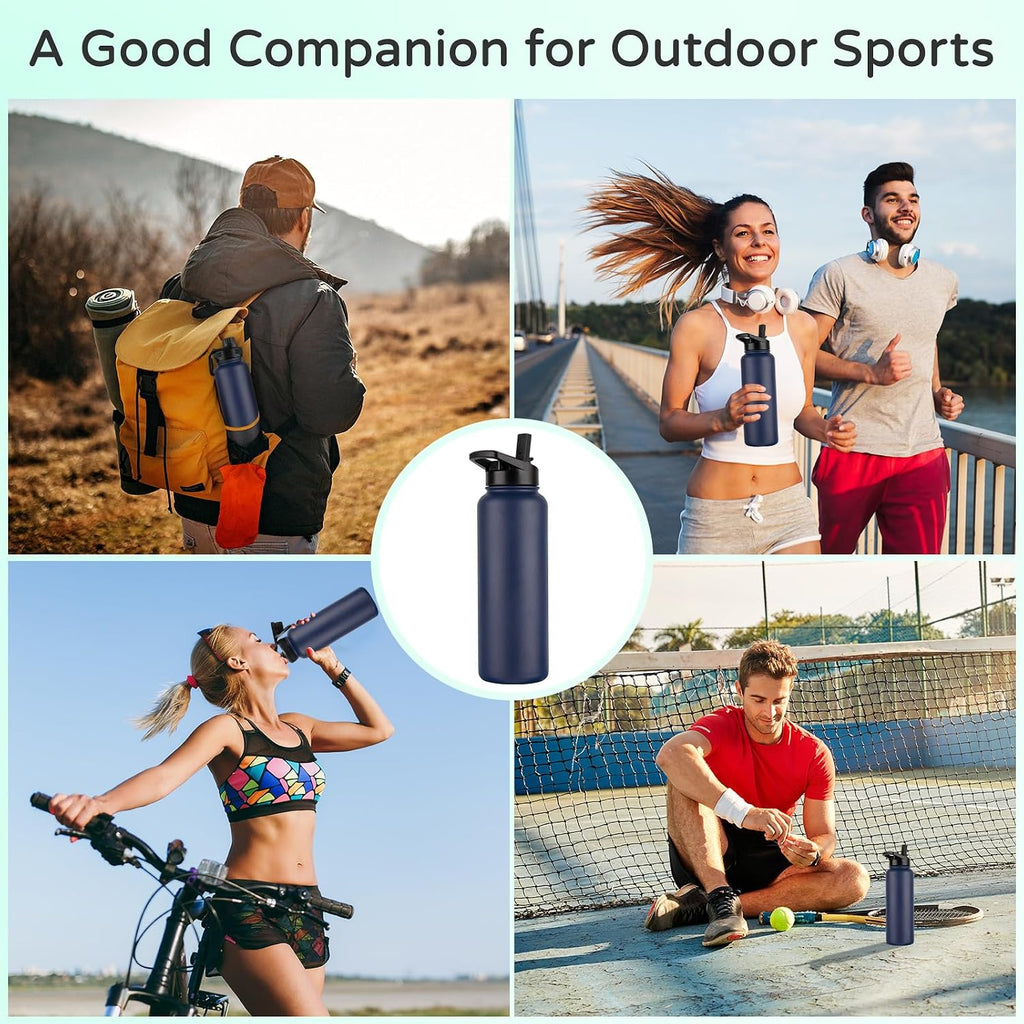 DOMICARE 40 oz Insulated Water Bottle Bulk, Vacuum Insulated Stainless Steel Sports Water Bottle with Straw Lid & Spout Lid, Leakproof, Reusable - Travel, Camping, Bike, Navy Blue (4 Pack)