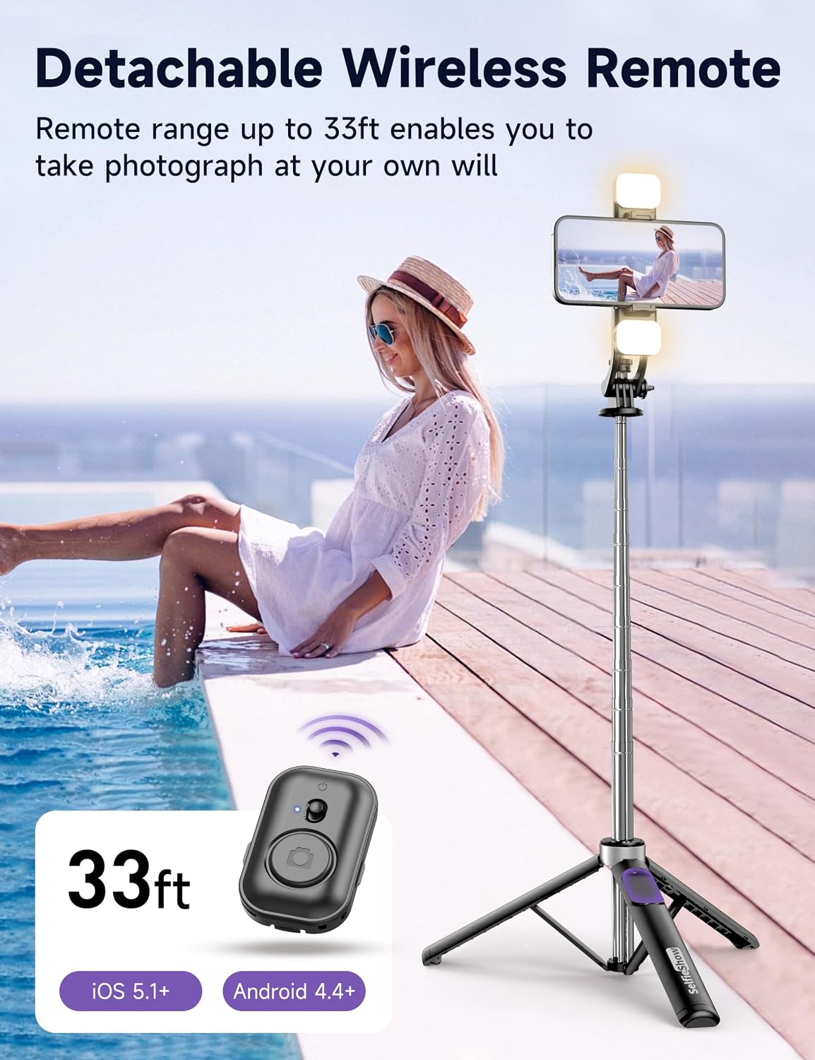 53'' Selfie Stick Tripod with Light, Extendable Selfie Stick with Remote, Portable Cell Phone Tripod Stand with All in 1 Phone Clip, Lightweight Camera Tripod Compatible with iPhone 17 16 15, Android